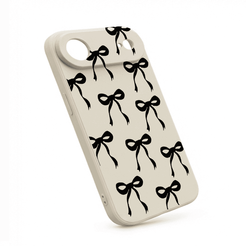 Liquid Silicone Straight Edge Phone Case Beige Base with Black Bowknot Pattern Full Coverage Shockproof Protective Cover 2