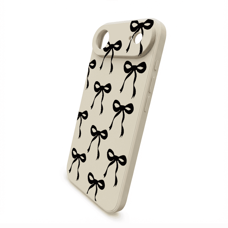 Liquid Silicone Straight Edge Phone Case Beige Base with Black Bowknot Pattern Full Coverage Shockproof Protective Cover 3
