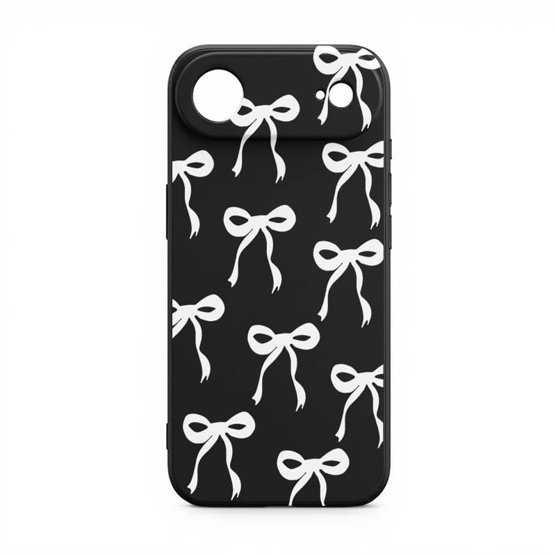 Liquid Silicone Straight Edge Phone Case Beige Base with Black Bowknot Pattern Full Coverage Shockproof Protective Cover 4