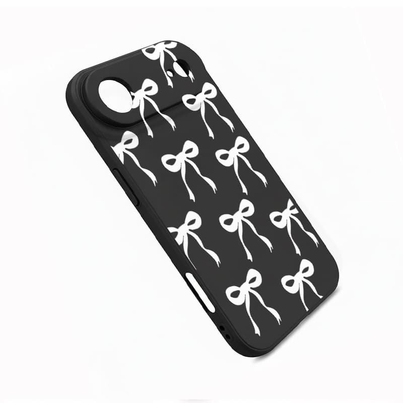 Liquid Silicone Straight Edge Phone Case Beige Base with Black Bowknot Pattern Full Coverage Shockproof Protective Cover 5