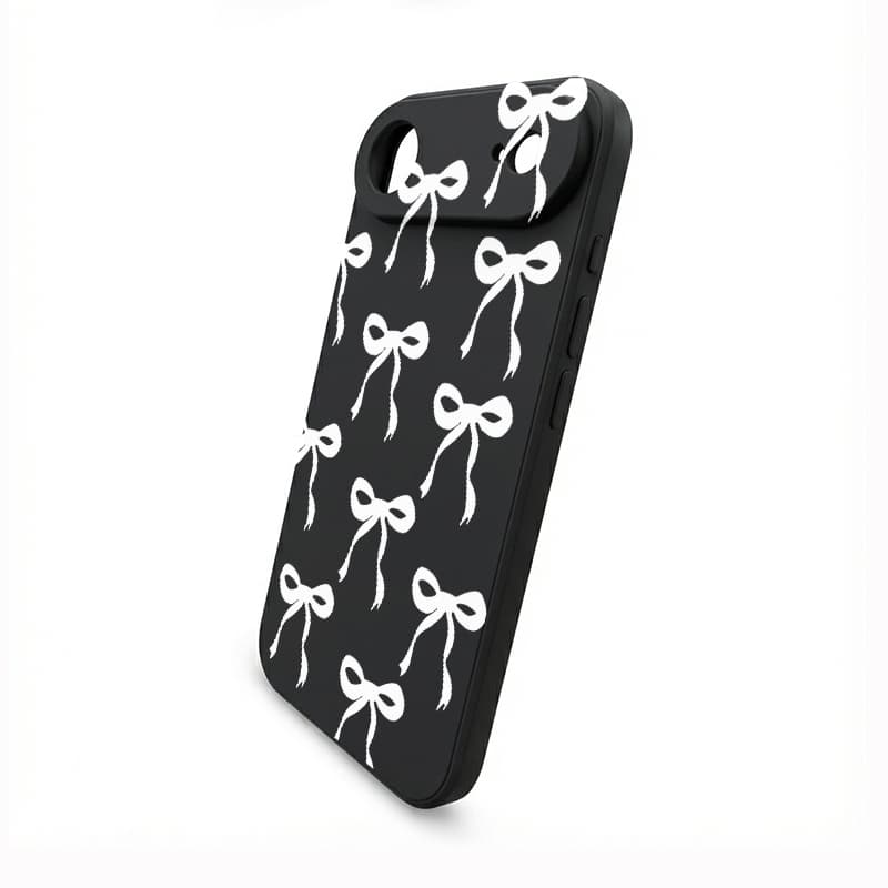 Liquid Silicone Straight Edge Phone Case Beige Base with Black Bowknot Pattern Full Coverage Shockproof Protective Cover 6