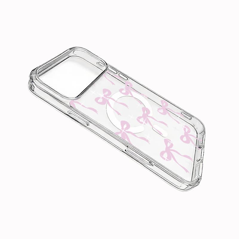Acrylic Magnetic Case Pink Bowknot Starlight Pattern Built-in MagSafe Metal Ring Full Coverage Shockproof Protective Cover 2
