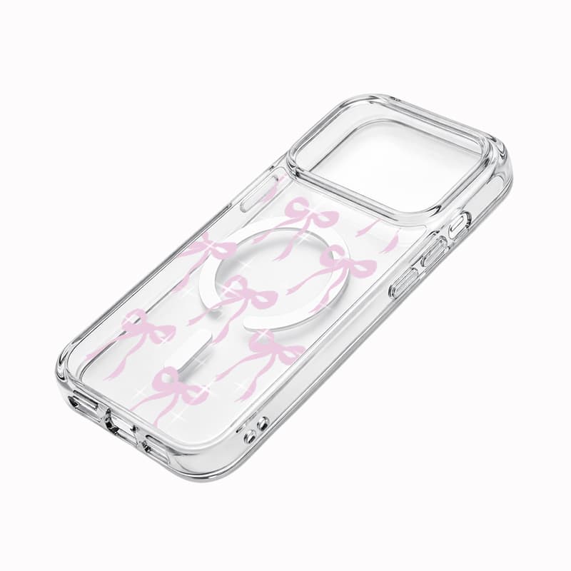 Acrylic Magnetic Case Pink Bowknot Starlight Pattern Built-in MagSafe Metal Ring Full Coverage Shockproof Protective Cover 3