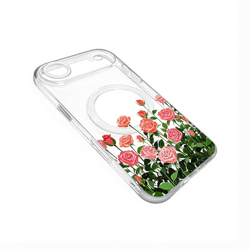 Transparent Magnetic Case Pink Rose Garden Pattern Built-in MagSafe Metal Ring Full Coverage Shockproof Protective Cover 2