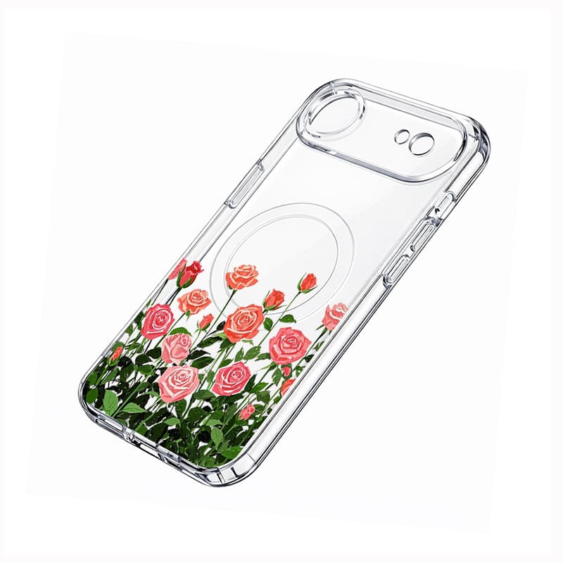 Transparent Magnetic Case Pink Rose Garden Pattern Built-in MagSafe Metal Ring Full Coverage Shockproof Protective Cover 3