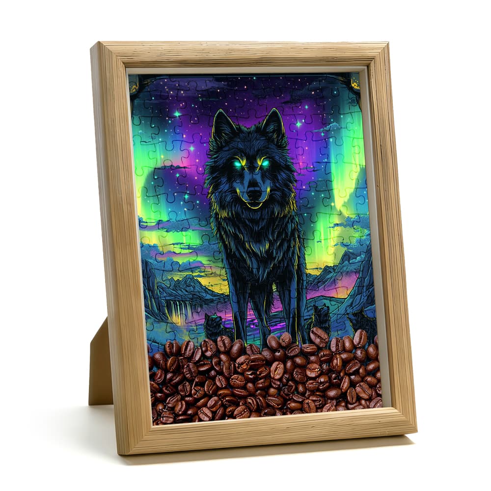 Neon Aurora Wolf Jigsaw Puzzle, 126 Pieces Wooden Puzzle with Frame, Cool Wolf Art Decor for Adults 2