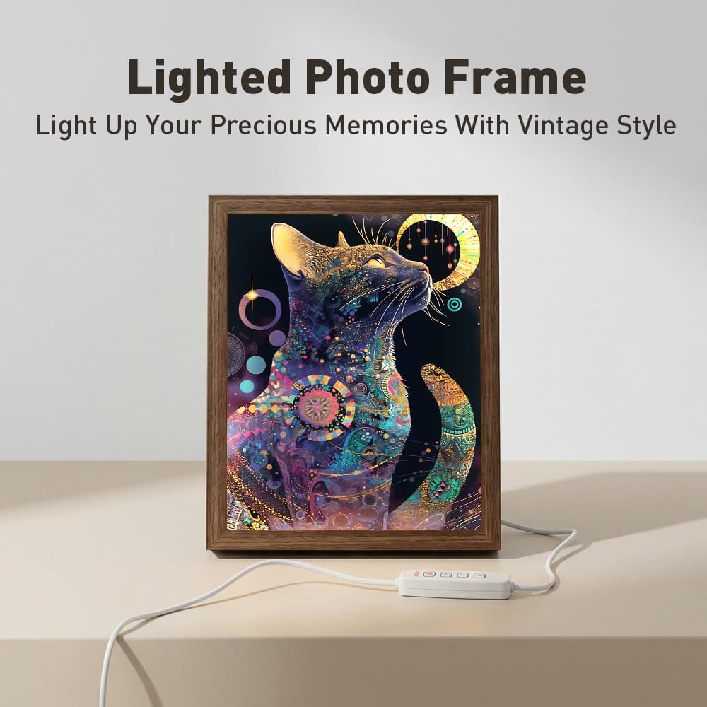 Boho Mystical Cat LED Light Up Frame, Celestial Cat Light Art, Dimmable Night Light Decor 2