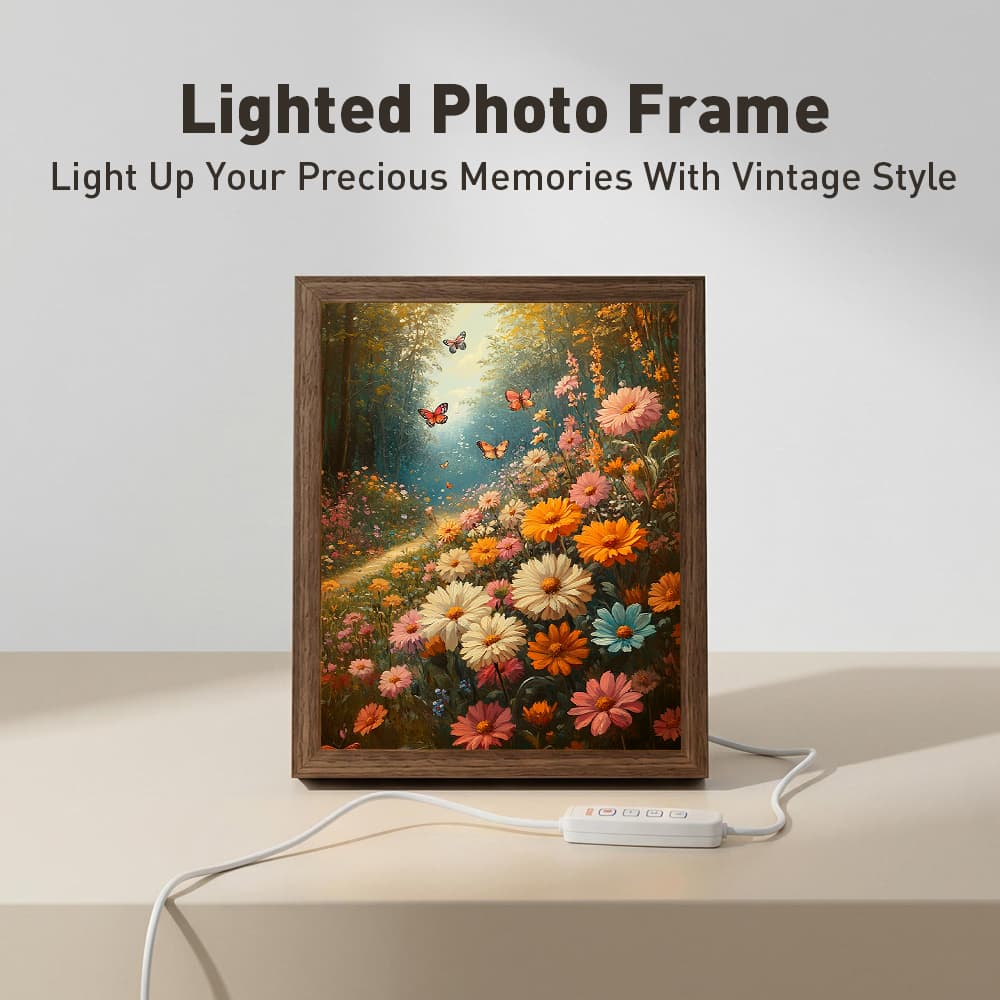 Mystical Forest Blossom Glowing Photo Frame Lamp, Warm Botanical Scenery LED Night Light, Rustic Wood Frame Home Interior Decoration 2