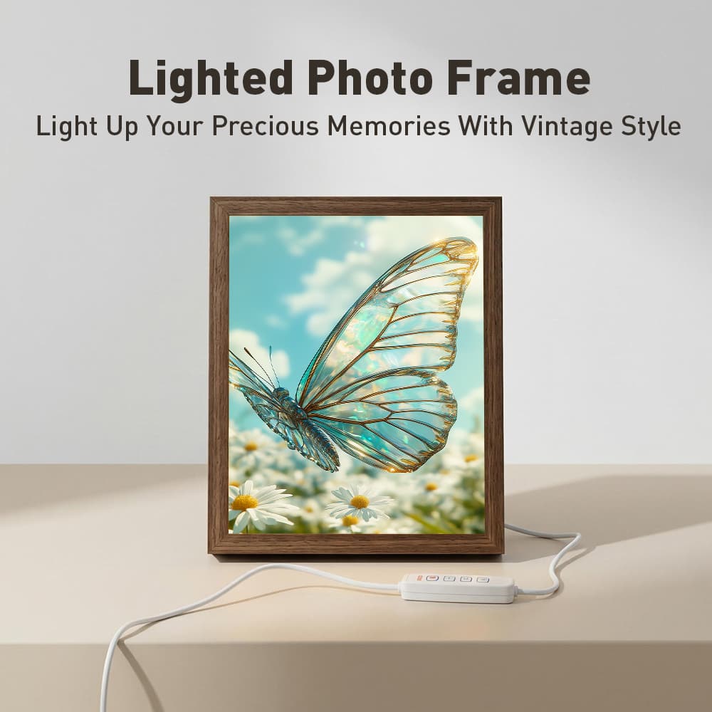 Iridescent Clear Butterfly Glowing Photo Frame Lamp, Fresh Floral Scenery LED Night Light, Rustic Wood Frame Home Interior Decoration 2