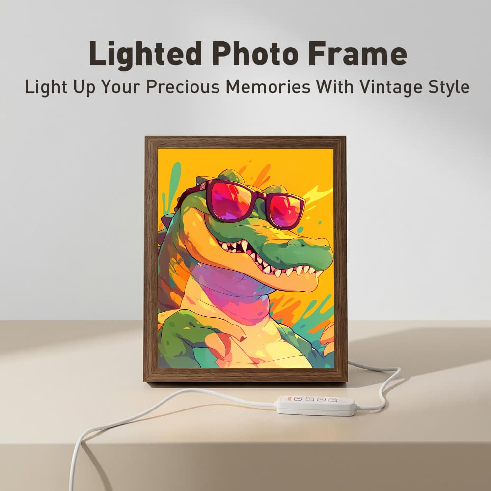 Cool Hip-Hop Crocodile with Sunglasses LED Light Up Painting Frame, Trendy Graffiti Cartoon Glowing Art Lamp, Rustic Wooden Picture Frame Desktop Bedroom Decor Night Light 2
