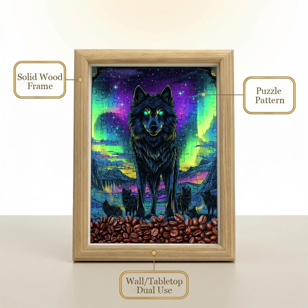 Neon Aurora Wolf Jigsaw Puzzle, 126 Pieces Wooden Puzzle with Frame, Cool Wolf Art Decor for Adults 4