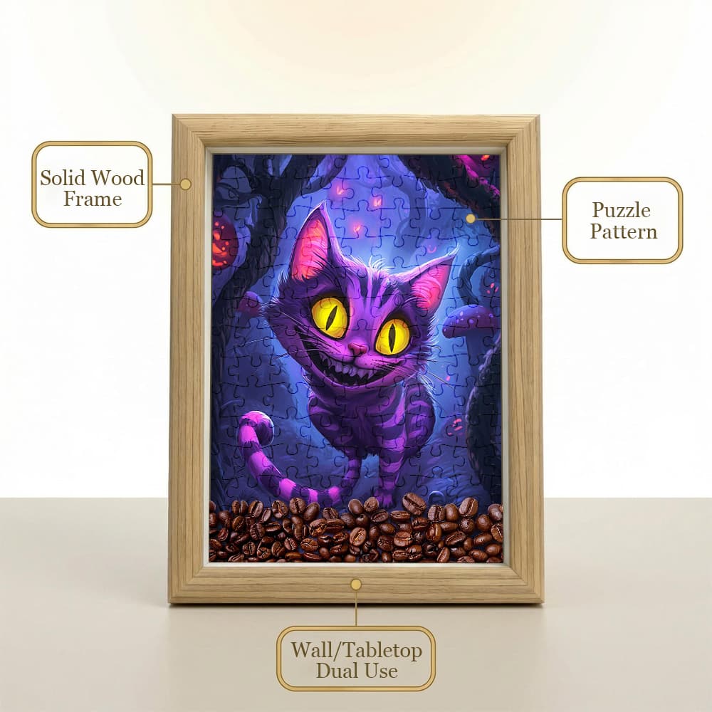 Cheshire Cat Alice in Wonderland Jigsaw Puzzle, 126 Pieces Wooden Puzzle with Frame, Fantasy Cat Art Decor 3