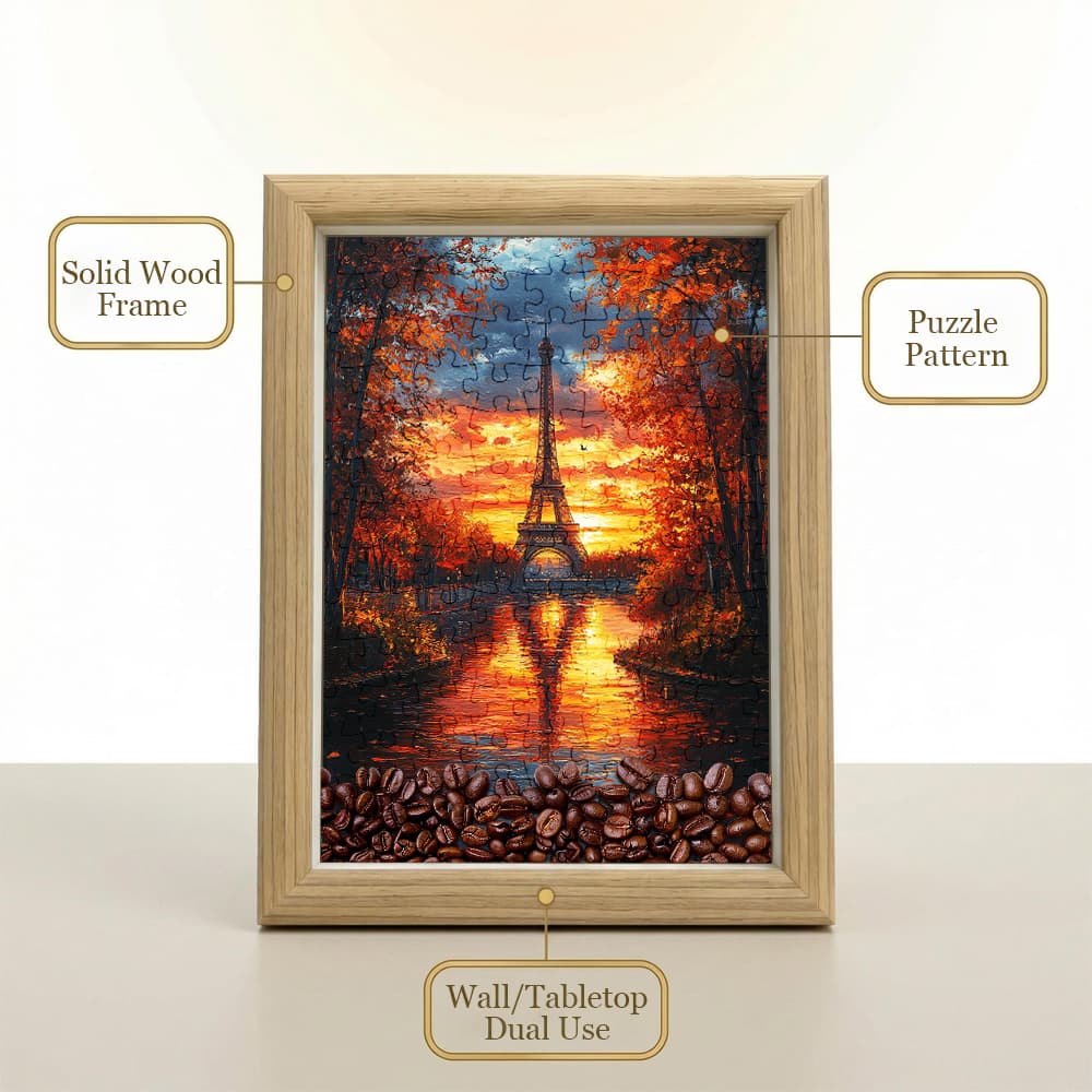Paris Eiffel Tower Sunset Jigsaw Puzzle, 126 Pieces Wooden Puzzle with Frame, Romantic Art Decor for Home 3
