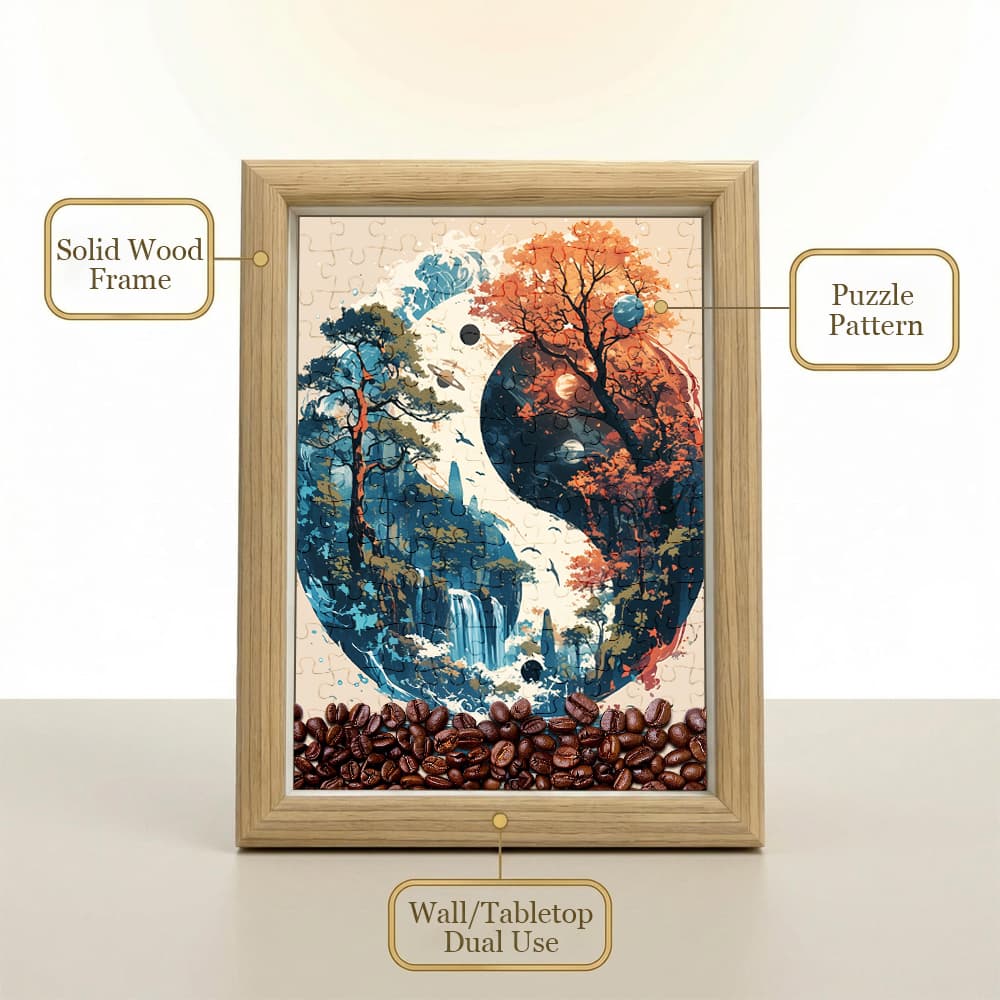 Yin Yang Four Seasons Jigsaw Puzzle, 126 Pieces Wooden Puzzle with Frame, Zen Art Decor for Home 3