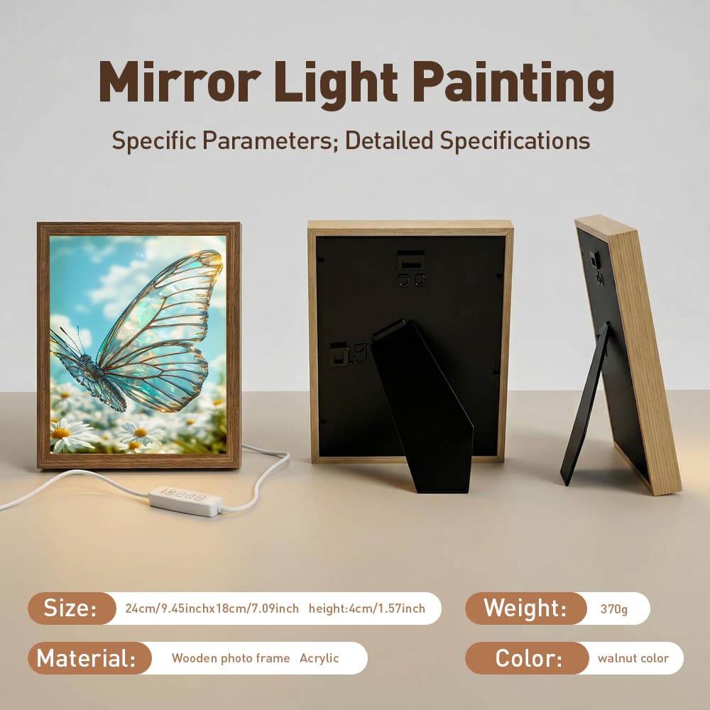 Iridescent Clear Butterfly Glowing Photo Frame Lamp, Fresh Floral Scenery LED Night Light, Rustic Wood Frame Home Interior Decoration 3