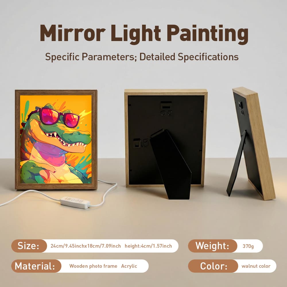 Cool Hip-Hop Crocodile with Sunglasses LED Light Up Painting Frame, Trendy Graffiti Cartoon Glowing Art Lamp, Rustic Wooden Picture Frame Desktop Bedroom Decor Night Light 3