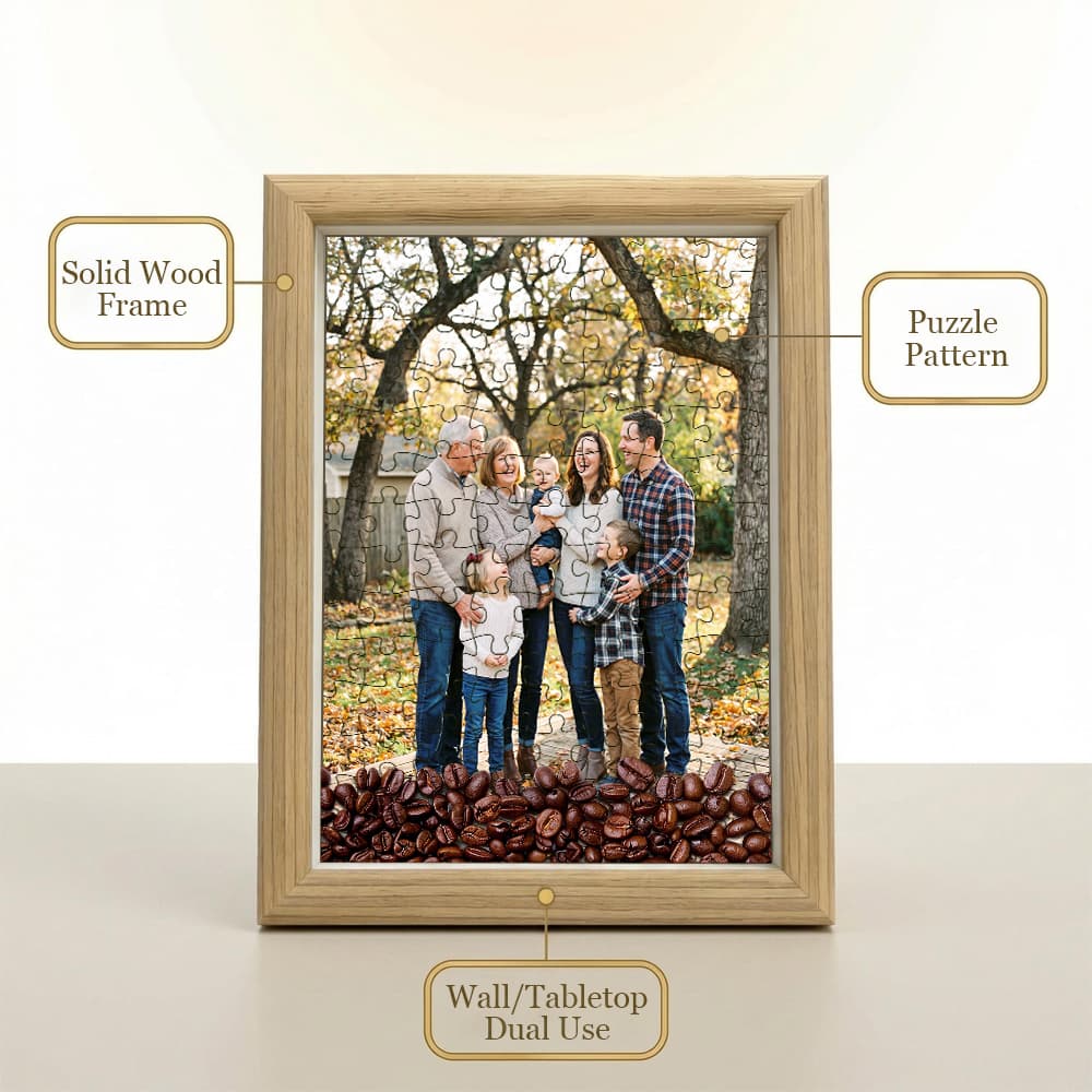 Family Gathering Portrait Puzzle Picture Frame, Coffee Bean Embellished Wood Frame, Heartwarming Home Interior Decoration Gift 3