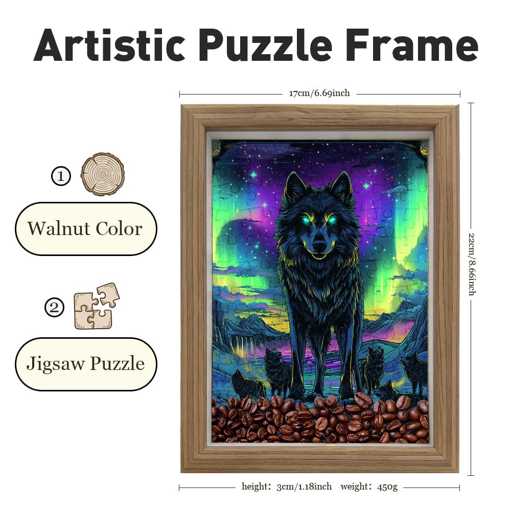 Neon Aurora Wolf Jigsaw Puzzle, 126 Pieces Wooden Puzzle with Frame, Cool Wolf Art Decor for Adults 5