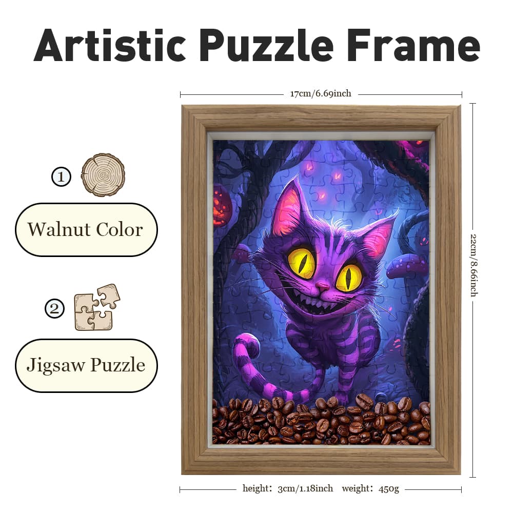 Cheshire Cat Alice in Wonderland Jigsaw Puzzle, 126 Pieces Wooden Puzzle with Frame, Fantasy Cat Art Decor 4