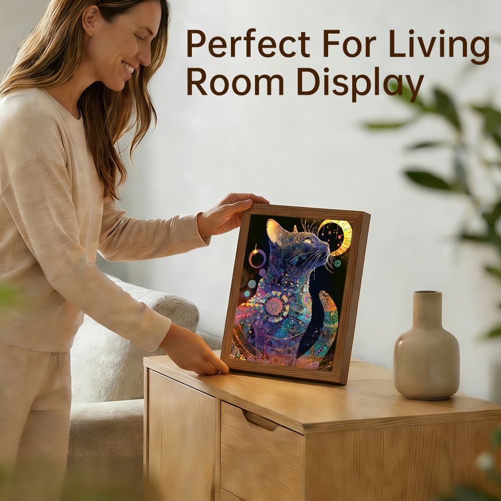 Boho Mystical Cat LED Light Up Frame, Celestial Cat Light Art, Dimmable Night Light Decor 4