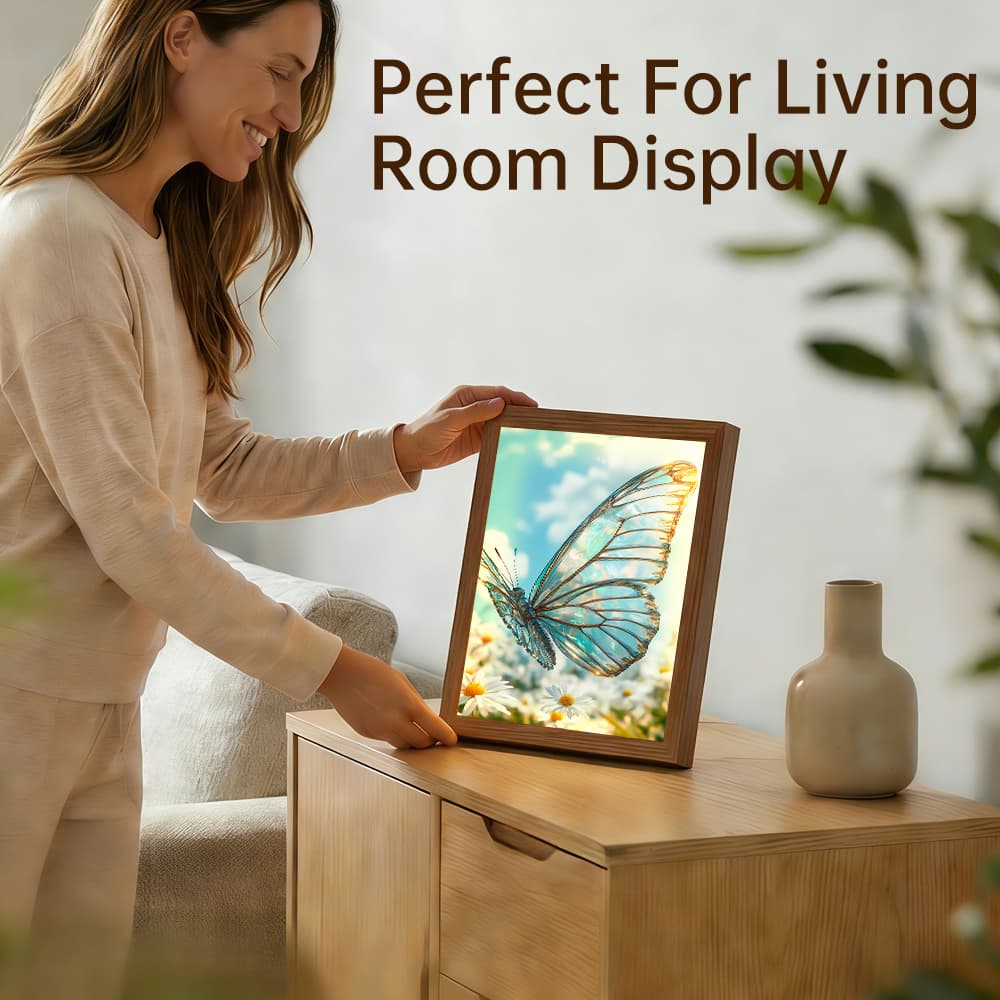 Iridescent Clear Butterfly Glowing Photo Frame Lamp, Fresh Floral Scenery LED Night Light, Rustic Wood Frame Home Interior Decoration 4