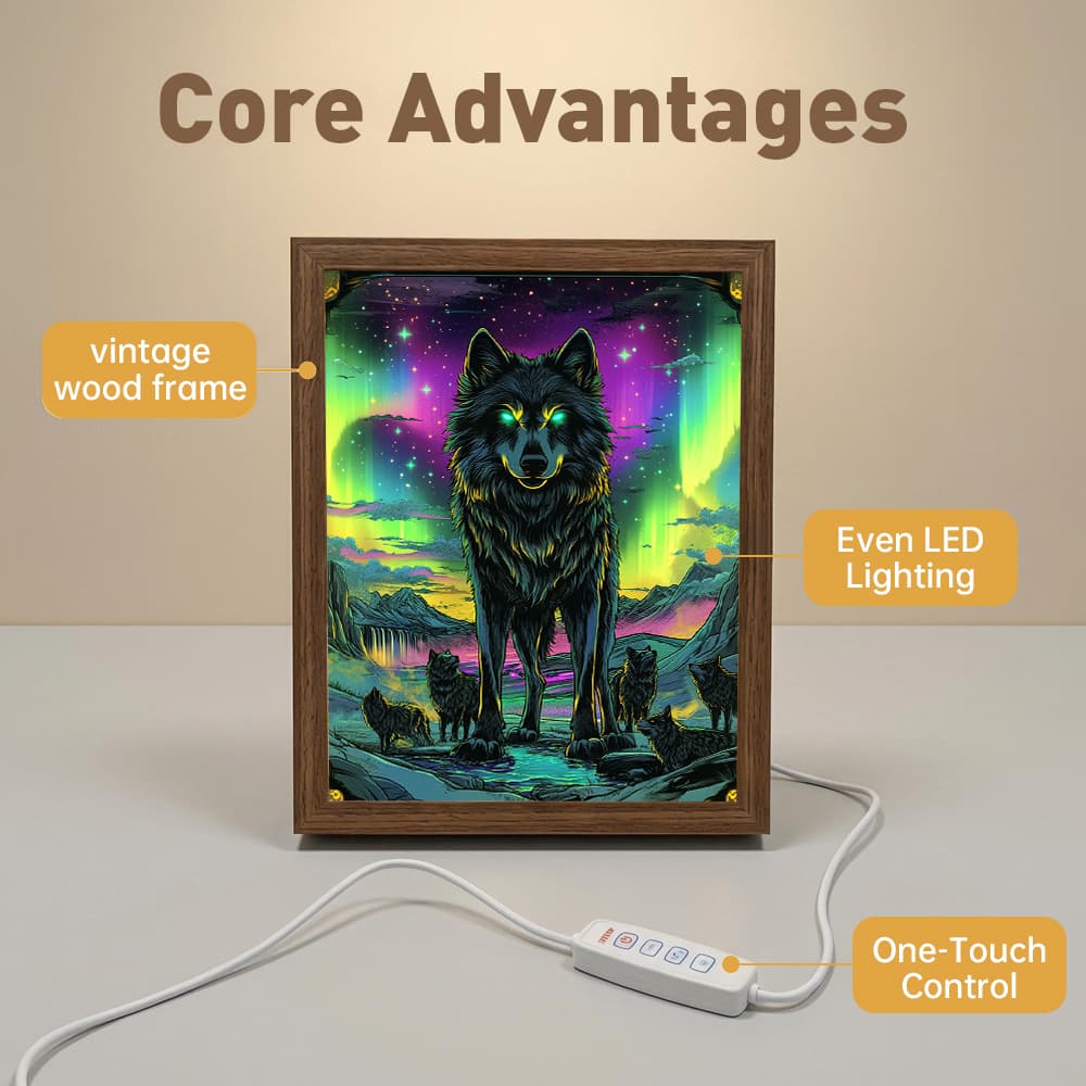 Aurora Wolf Pack LED Light Up Frame, Neon Northern Lights Wolf Light Art, Dimmable Night Light Decor 5