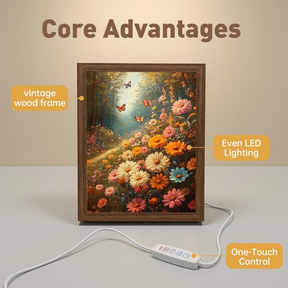 Mystical Forest Blossom Glowing Photo Frame Lamp, Warm Botanical Scenery LED Night Light, Rustic Wood Frame Home Interior Decoration 5