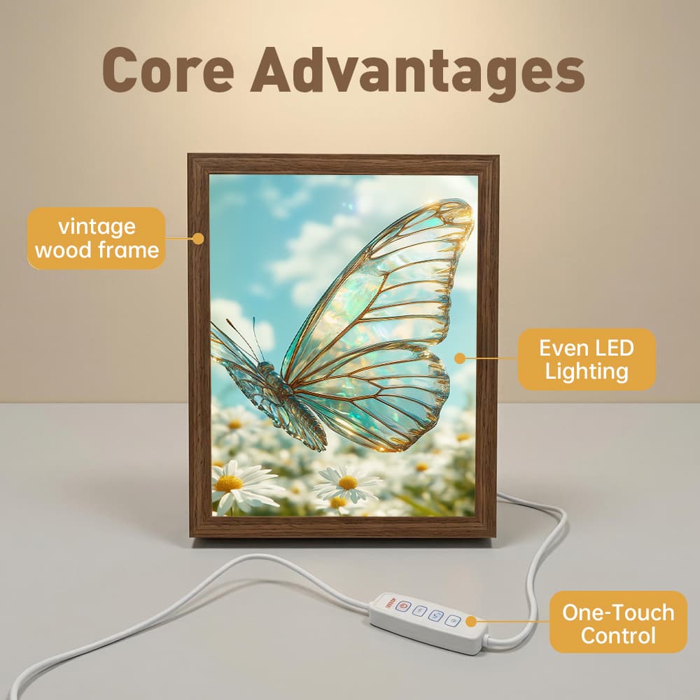 Iridescent Clear Butterfly Glowing Photo Frame Lamp, Fresh Floral Scenery LED Night Light, Rustic Wood Frame Home Interior Decoration 5