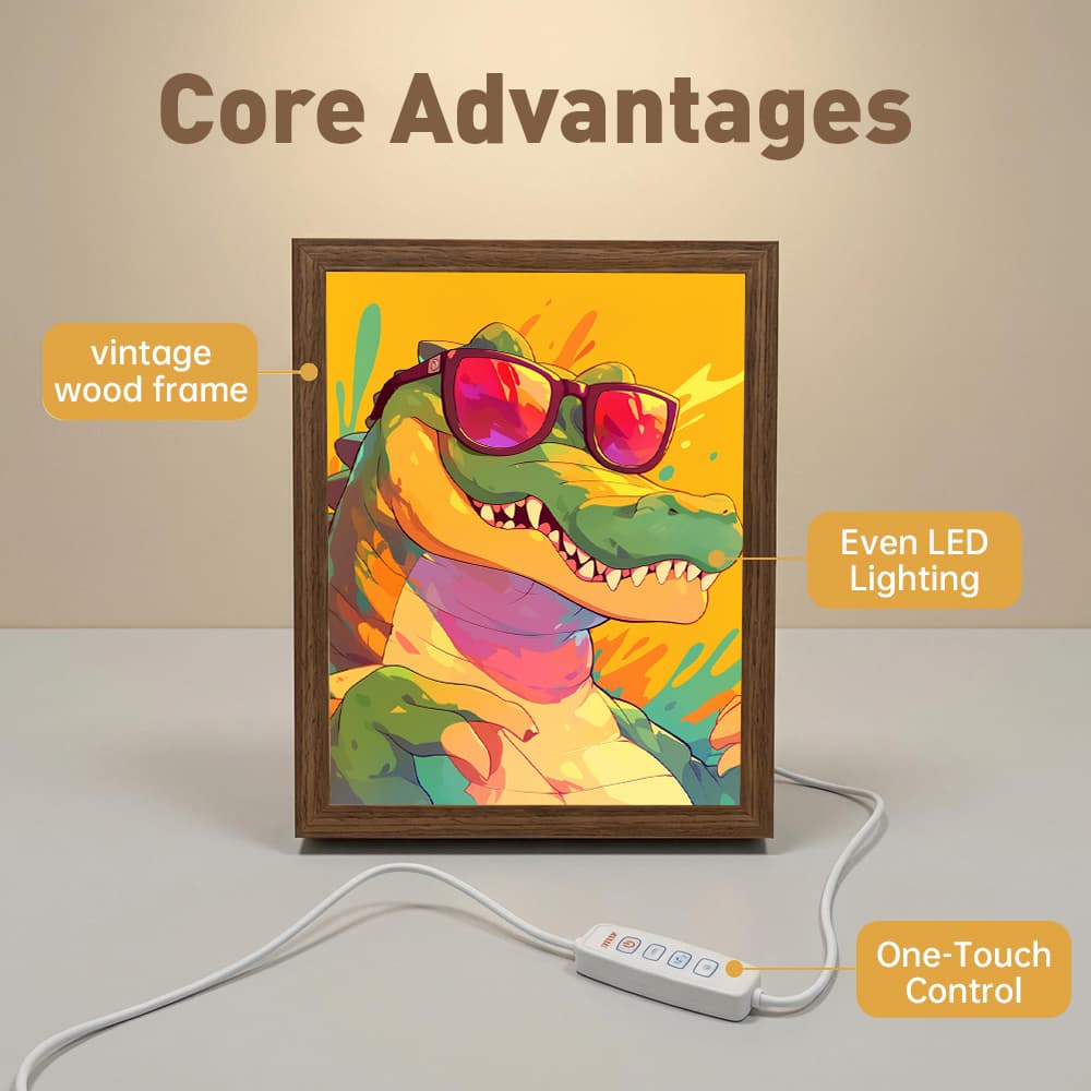 Cool Hip-Hop Crocodile with Sunglasses LED Light Up Painting Frame, Trendy Graffiti Cartoon Glowing Art Lamp, Rustic Wooden Picture Frame Desktop Bedroom Decor Night Light 5