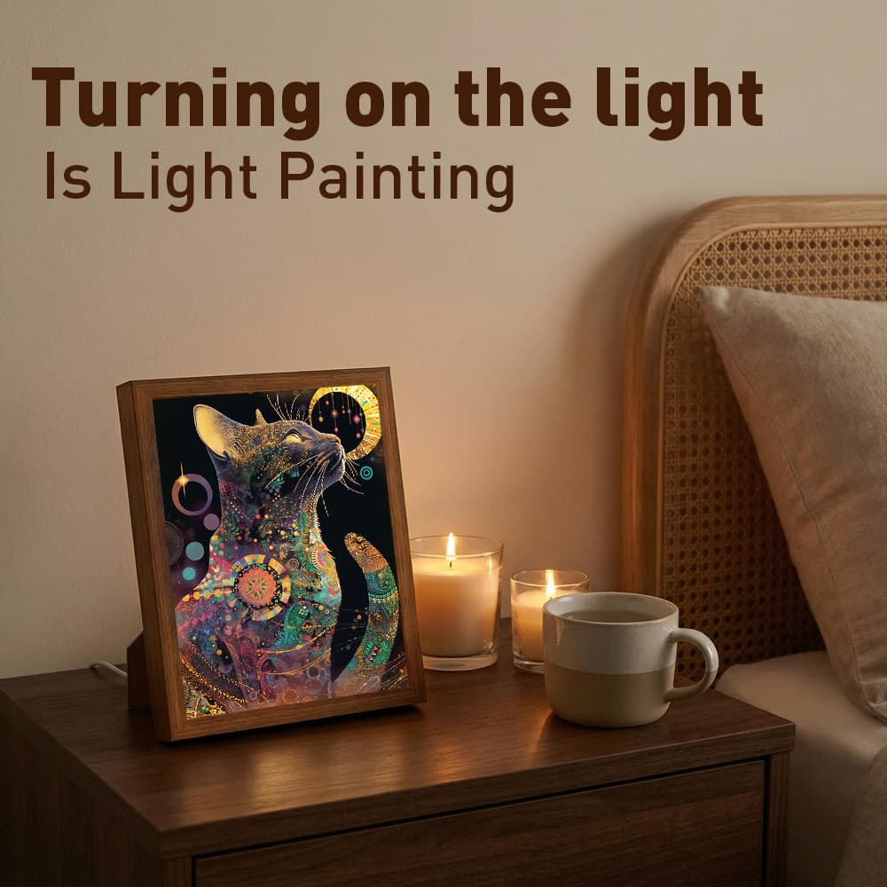Boho Mystical Cat LED Light Up Frame, Celestial Cat Light Art, Dimmable Night Light Decor 6