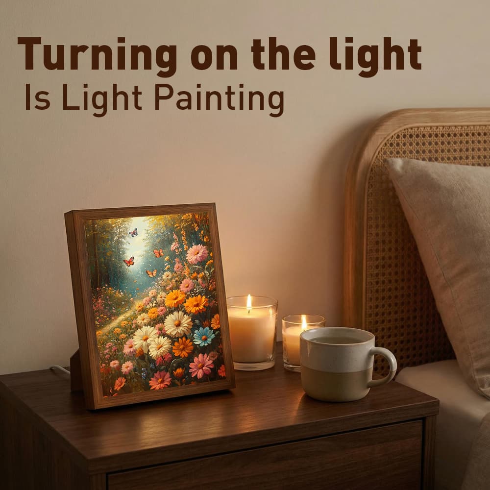 Mystical Forest Blossom Glowing Photo Frame Lamp, Warm Botanical Scenery LED Night Light, Rustic Wood Frame Home Interior Decoration 6