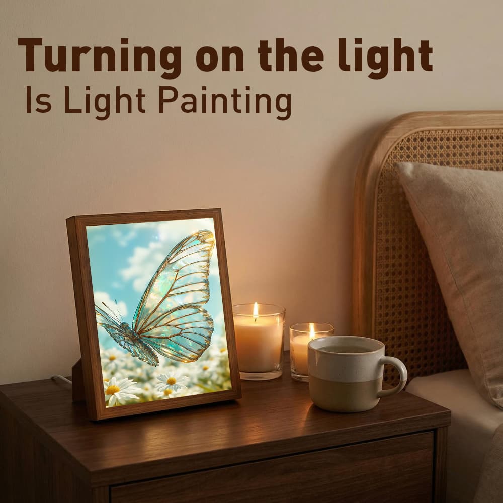 Iridescent Clear Butterfly Glowing Photo Frame Lamp, Fresh Floral Scenery LED Night Light, Rustic Wood Frame Home Interior Decoration 6
