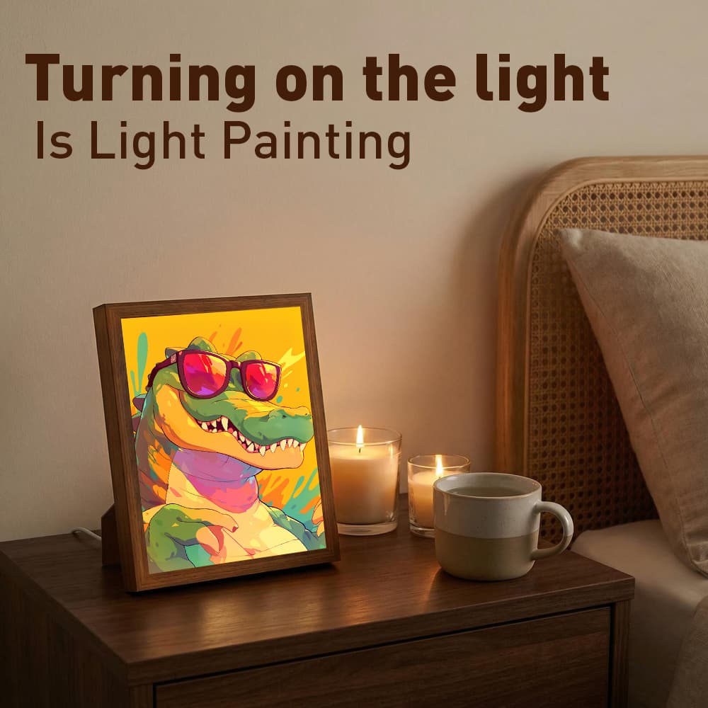 Cool Hip-Hop Crocodile with Sunglasses LED Light Up Painting Frame, Trendy Graffiti Cartoon Glowing Art Lamp, Rustic Wooden Picture Frame Desktop Bedroom Decor Night Light 6